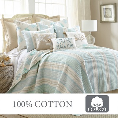 Coastal Breeze Blue and Cream Cotton King Quilt Set, Reversible