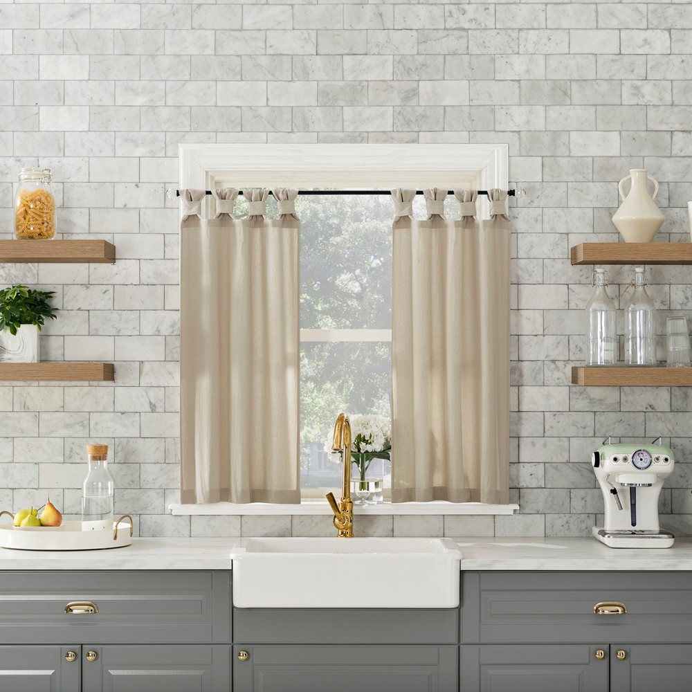 2pc 52"x36" Archaeo Washed Cotton Twist Tab Cafe Curtain Tier Pair Oatmeal: Kitchen Curtains, 36 Inch, Solid Beige