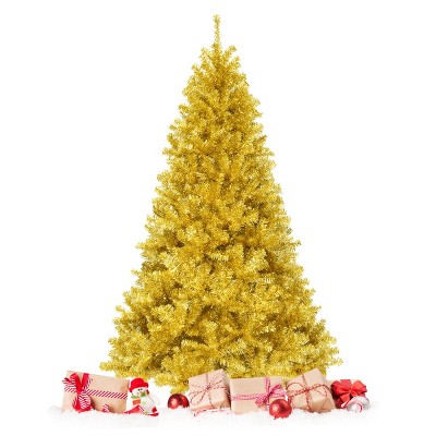 Tangkula Artificial Tinsel Christmas Tree Hinged Decoration Tree Champagne Gold