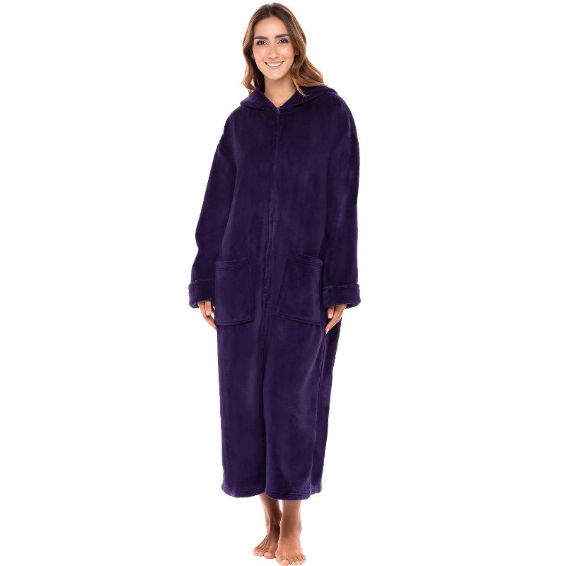 Women's Zip Up Fleece Robe with Hood, Soft Warm Plush Oversized Zipper Hooded Bathrobe, 1 of 6