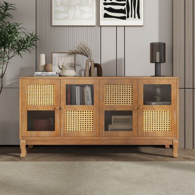 VYNXARIA Retro 4-Door Sideboard,Artificial Rattan Doors and Transparent Glass, Accent Cabinet for Entryway Dining Room,Living Room,Brown