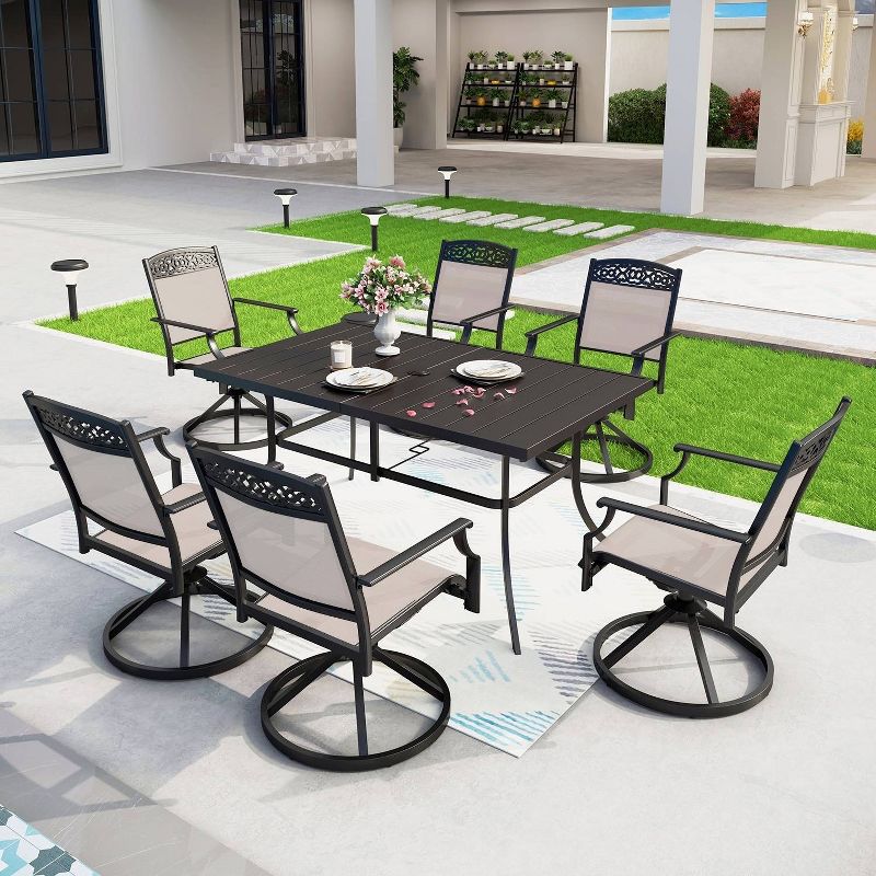 7pc Outdoor Dining Set with Swivel Sling Chairs &#38; Metal Rectangle Table with Umbrella Hole - Black - Captiva Designs, 1 of 13