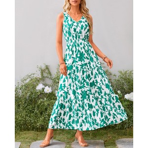 Womens Floral Sundress A-Line Sleeveless Highwaist Maxi Dress Flowy Faux Wrap Maxi Dress with Flounce Hem - 1 of 4