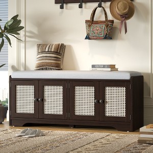 PAGED Rustic Storage Bench, Wood Entryway Shoe Bench with Removable Cushion, Woven Rattan Doors & Adjustable Shelves for Entryway - 1 of 4