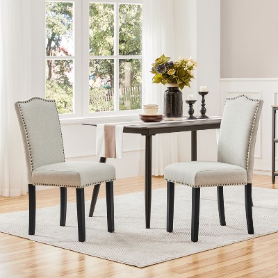 Beige Upholstered Dining Chairs with Nailhead Trim, Set of 2