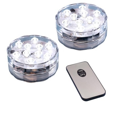 LumaBase Submersible Battery-Operated LED Lights with Remote Control, White - Set of 2