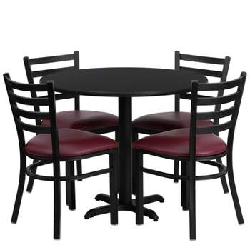 Flash Furniture 36'' Round Black Laminate Table Set with X-Base and 4 Ladder Back Metal Chairs - Burgundy Vinyl Seat