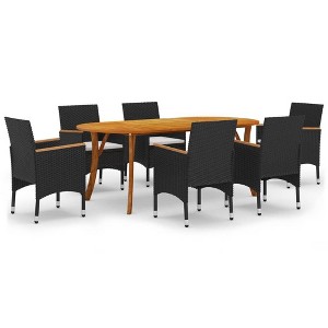 vidaXL Patio Dining Set - 7 Piece Garden Outdoor Furniture - Rectangular Acacia Wood Table - Black Poly Rattan Cushioned Chairs - 1 of 4
