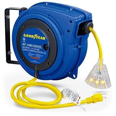 Goodyear Mountable Retractable Extension Cord Reel - 14AWG x 40' Ft, 3 Grounded Outlets, Max 13A