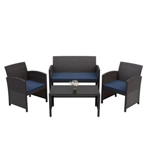 ALAULM 4PCS Rattan Patio Conversation Furniture Set Outdoor Wicker Chair Conversation set Coffee Table&Washable Cushion for Patio Lawn Backyard(NBlue) - 1 of 4