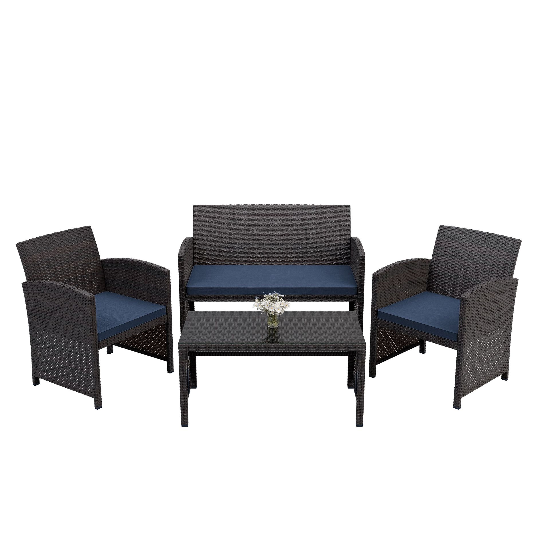 ALAULM 4PCS Rattan Patio Conversation Furniture Set Outdoor Wicker Chair Conversation set Coffee Table&Washable Cushions for Patio Lawn Backyard