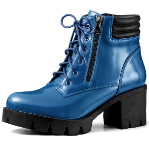 BLISSFUL STEP Women's Round Toe Chunky Heel Lug Sole Lace Up Zipper Combat Boots - 1 of 4