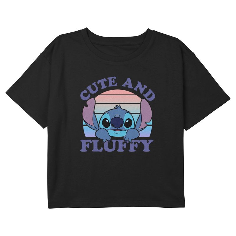 Girl's Lilo & Stitch Cute and Fluffy Retro Sunset Crop Top T-Shirt, 1 of 4
