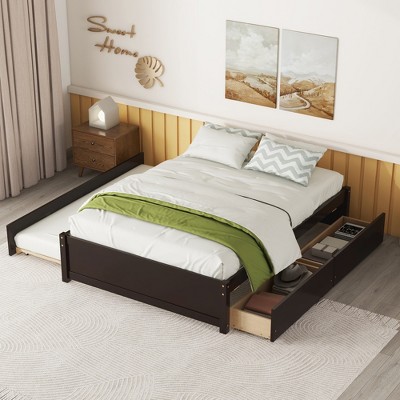 Full Size Wood Platform Bed With A Twin Trundle And 2 Drawers, Espresso ...