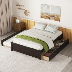 Full Size Wood Platform Bed with a Twin Trundle and 2 Drawers, White/Gray/Espresso, 4W -ModernLuxe - 1 of 4