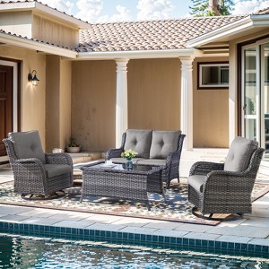 Gymojoy 5 Piece Outdoor Wicker Loveseat Sofa with Patio Swivel Glider Chairs with Coffee Table and Side Table - 1 of 4