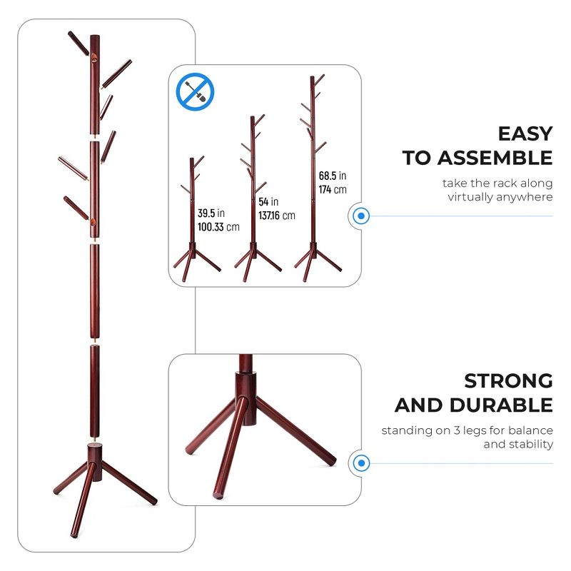 OSTO Multi-Purpose Wooden Freestanding Coat Rack with 6 Hooks and 3 Adjustable Sizes; No Tools Required, 3 of 8