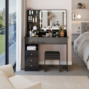 FONTOI 29.2"W/37"W/41"W Makeup Vanity Table with Left Drawer Stool Large Sliding Mirror Capacity Storage for Bedroom Dressing Room, White/Black - 1 of 4