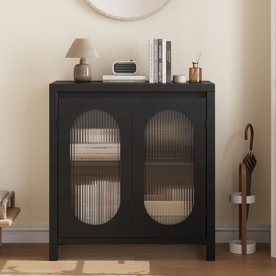 32" Modern Sideboard Cabinet with Glass Doors & Adjustable Shelves - Black Accent Storage for Living Room