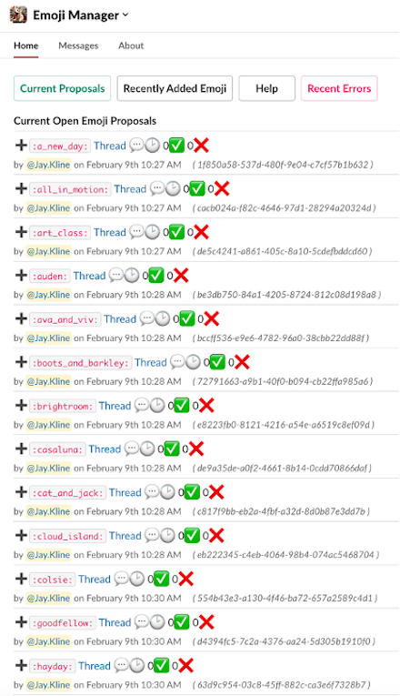 Screenshot from emoji manager showing current open emoji proposals listed by name and in chronological order of submission date/time, along with vote totals and a link to the submission thread in Slack