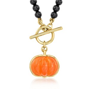 Ross-Simons 4mm Onyx Bead Toggle Necklace With Carnelian Pumpkin Charm in 18kt Gold Over Sterling - 1 of 2