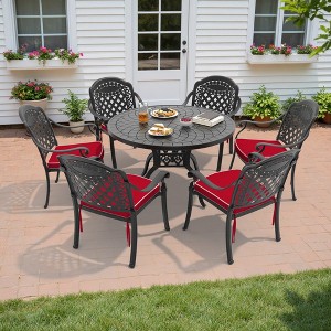 7-Piece Cast Aluminum Outdoor Dining Set: Round Table, Stackable Chairs & Red Cushions - All-Weather Patio Furniture for Your Backyard - 1 of 4