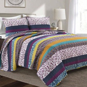 Boho Stripe Reversible Cotton Quilt 3 - Piece Set, Full/Queen, Plum Yellow - 1 of 4
