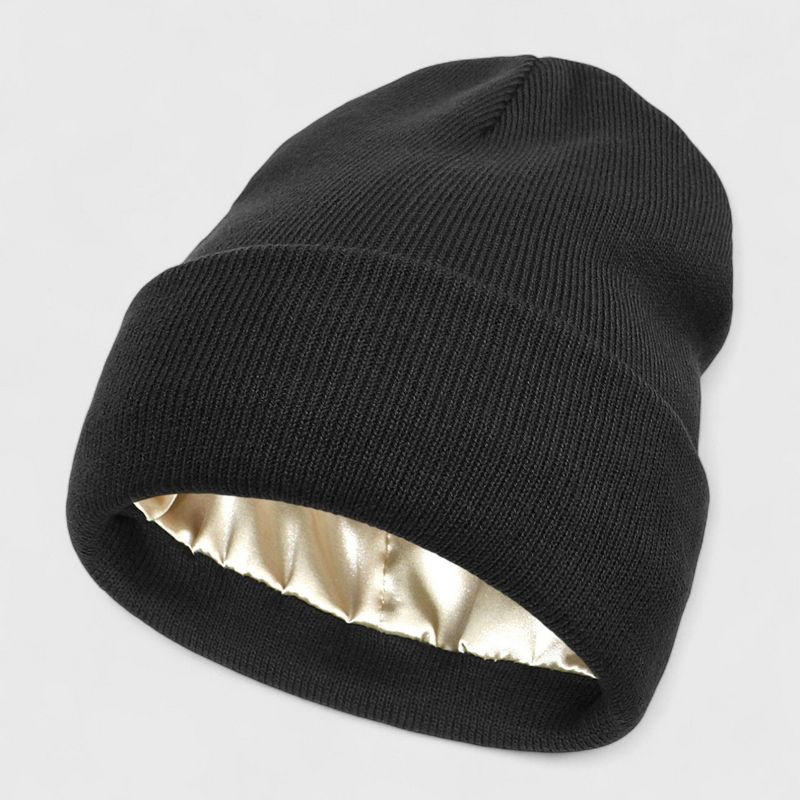 Anna-Kaci Women's Satin Lined Knit Beanie Hat with Folded Cuff for Hair Protection - Black