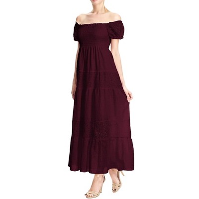 Anna-Kaci Women's Boho Convertible Cap Sleeve Off-Shoulder Lace Detail Smocked Maxi Dress