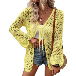 Clearlove Women Knitted Cardigan Lightweight Tie Front Hollow Out Long Sleeves Summer Knit Cover Cardigans - 1 of 4