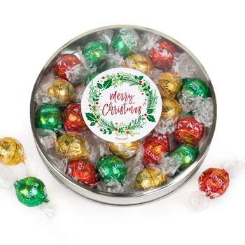 Christmas Candy Gift Tin with Chocolate Lindor Truffles by Lindt Large Plastic Tin with Sticker By Just Candy - Merry Christmas