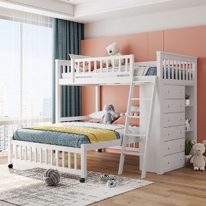 Twin over Full Bunk Bed with Bottom Bed with Wheels, 6 Storage Shelves & Adjustable Shelves - ModernLuxe - 1 of 4