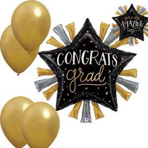 LoonBalloon Graduation Black Gold Theme 30 Inch Graduation Satin Metallic Star Medium Size Balloon Set with 4 latex - 1 of 2