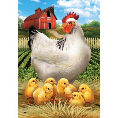 Farm Chickens Summer Garden Flag with Red Barn Scene