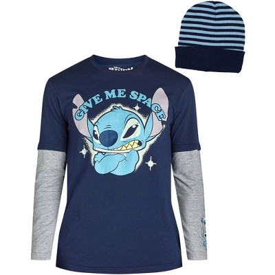 Seven Times Six Disney Stitch Men's Faux Long Sleeve Shirt And Beanie Give Me Space Blue