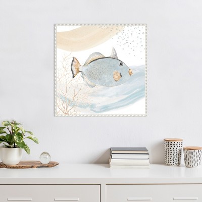 Ocean Oasis Waves Blue Fish Canvas Wall Art with White Frame