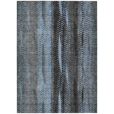Blue Gray And Charcoal Botanical Leaves Washable Indoor Outdoor Area Rug