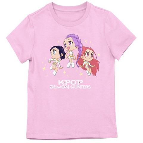 KPop Demon Hunters Huntr/x Character Logo Girl's Pink Crew Neck Short Sleeve T-shirt-XS
