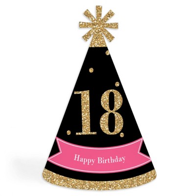 Big Dot of Happiness Chic 18th Birthday - Pink, Black and Gold - Cone Happy Birthday Party Hats for Kids and Adults - Set of 8 (Standard Size)