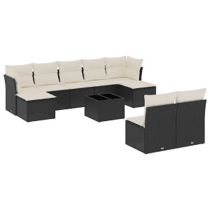 vidaXL 10 Piece Patio Sofa Set with Cushions Black and Cream Poly Rattan - With Table - 1 of 4