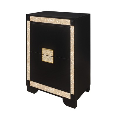 Vynxaria Black/Gold Nightstand - Glitter Detail, Thick Bar Handle Hardware, Spacious Drawers, Sturdy Construction, Stylish Bedroom Furniture