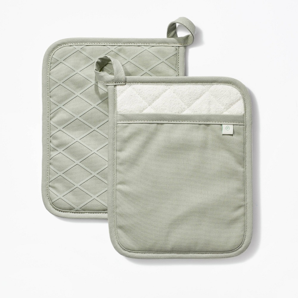 Photos - Other Accessories 2pk Potholder Sage Green - Figmint™: Modern Kitchen Textiles, Cotton, Machine Washable, Silicon Gripper, 7.5" Width