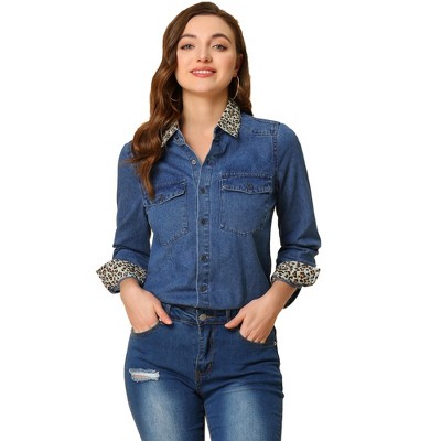 Allegra K Women's Leopard Print Long Sleeve Denim Jacket