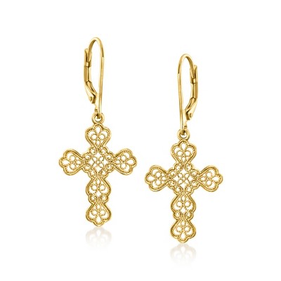 Ross-Simons 18kt Gold Over Sterling Filigree Cross Drop Earrings