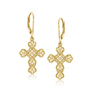 Ross-Simons 18kt Gold Over Sterling Filigree Cross Drop Earrings - 1 of 3