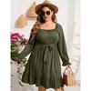 YesFashion Women's Casual Plus Size Square Neck Dress Short Sleeve Dress High Waist Ruffle Summer Midi Dress with Belt - 3 of 4