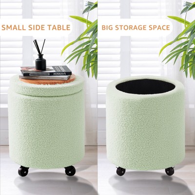 Green Teddy Velvet Round Storage Ottoman with Wheels