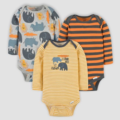 Gerber Baby Boys' 3pk Animals Long Sleeve Onesies - Yellow/Orange/Gray 3-6M