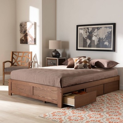 Walnut King Platform Storage Bed Frame with 3 Drawers