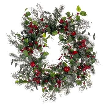 Vickerman 24" Green Artificial Holly Pine and Red Jingle Bell Wreath.